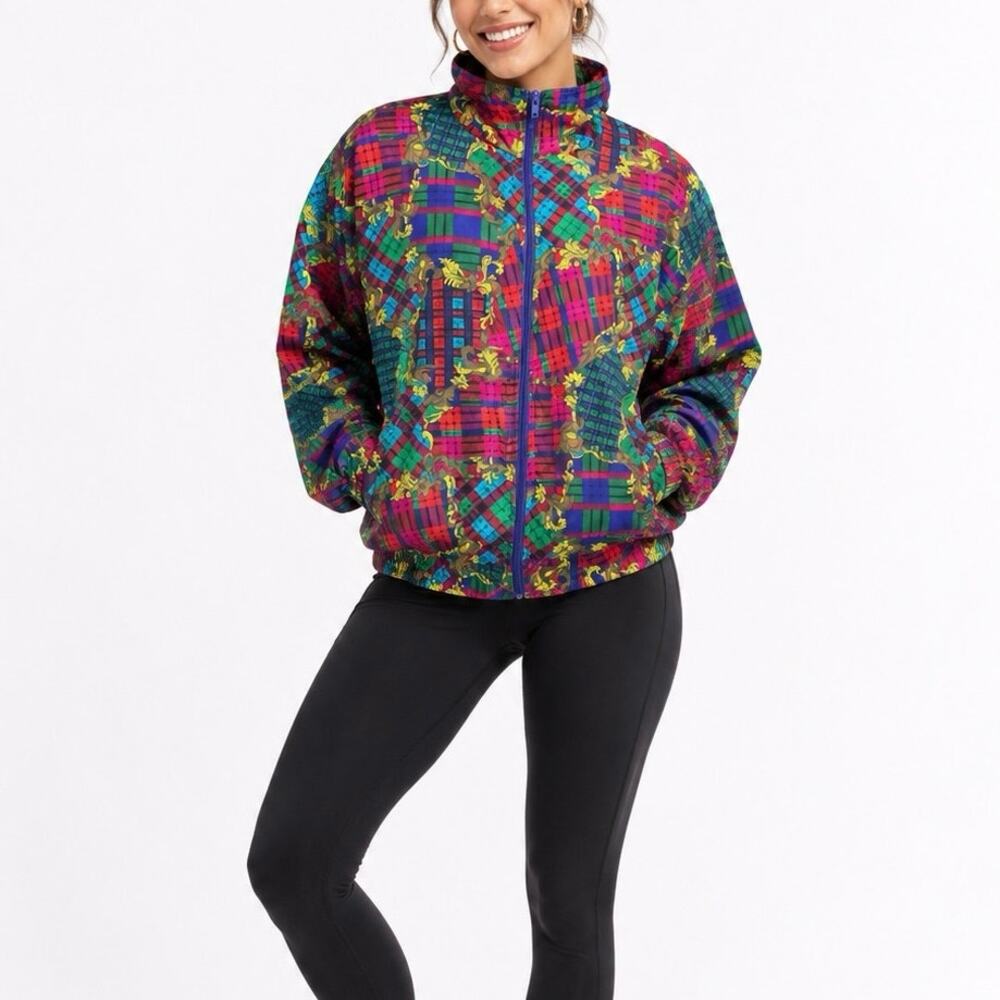 Vintage 90s Plaid Sporty Windbreaker Jacket Colorblock Tartan Print Large Artsy